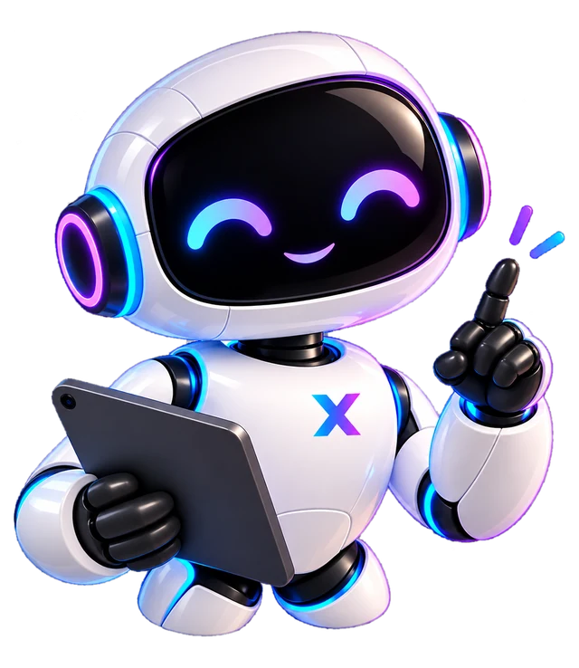 Smiling white SociX robot holding a tablet and raising one finger